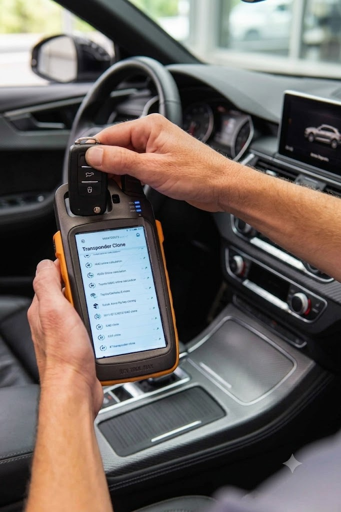 Professionele transponder cloning binnen in een auto voor het bijmaken van een autosleutel