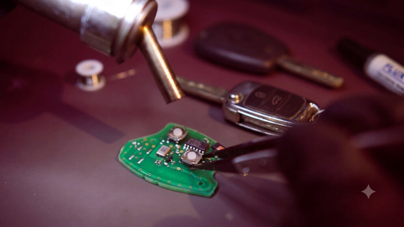 Autosleutel reparatie met soldeerbout en printplaat